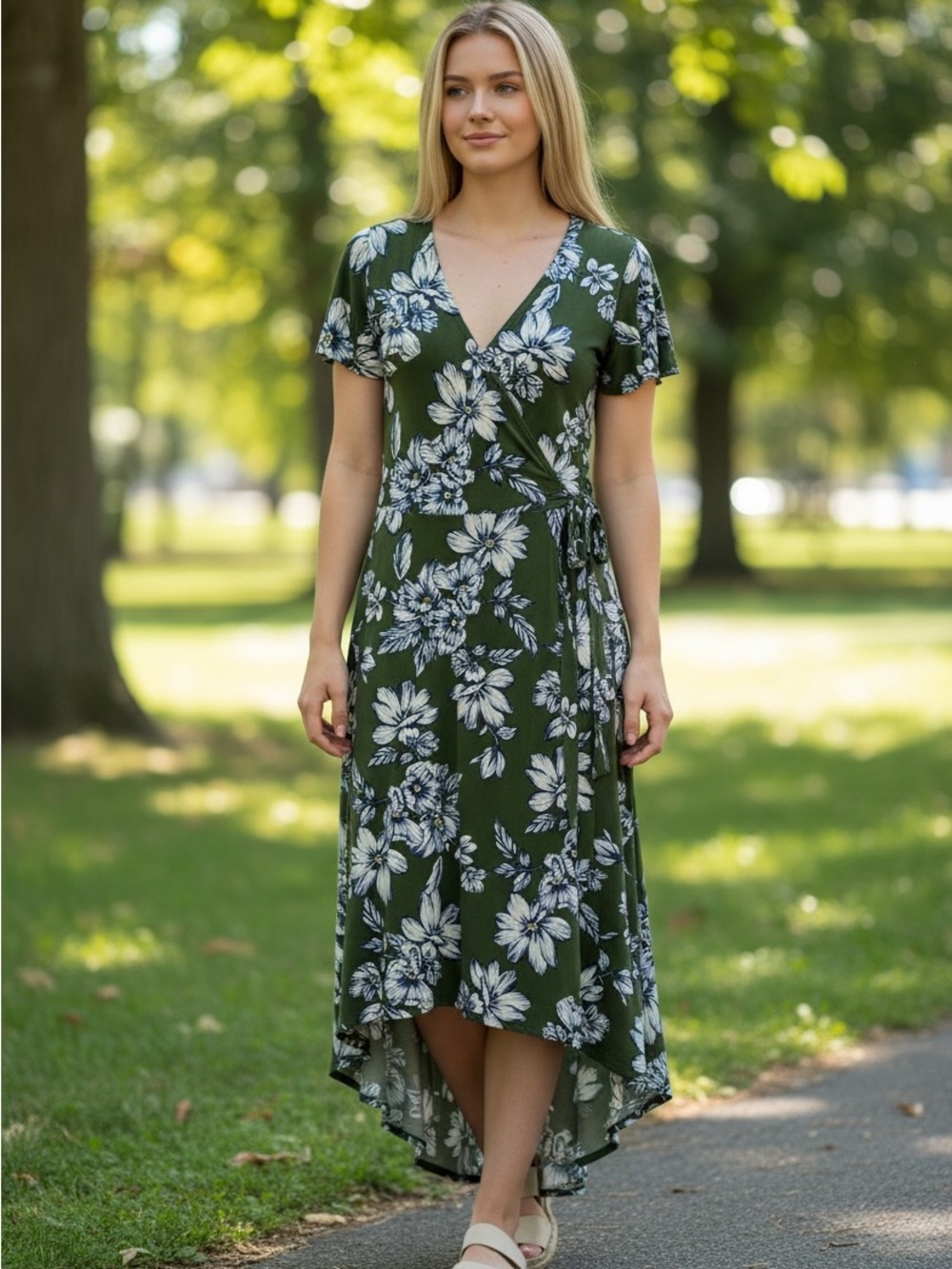 Olive Green Floral High-Low Dress with Tie
